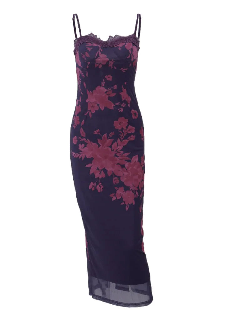 Spring New Product Spaghetti Strap Sexy Off Back Lace Edge Printed Split Dress Women Elegant Party Club Evening Dress