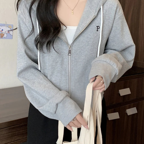 Load image into Gallery viewer, Double Zipper Short Women&#39;s Hoodies Autumn Winter Korean Casual Loose Thin Gray Navy Coat Women Sweatshirt Hooded M-XL
