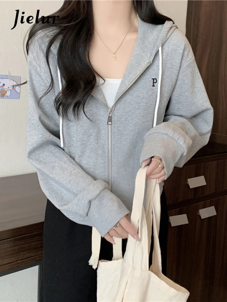 Double Zipper Short Women's Hoodies Autumn Winter Korean Casual Loose Thin Gray Navy Coat Women Sweatshirt Hooded M-XL