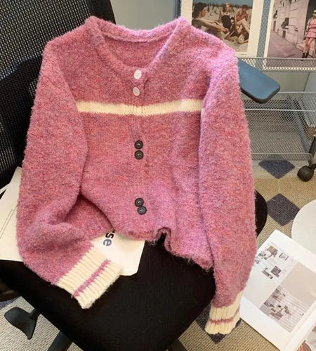 Korean Purple Patchwork Long Sleeved Short Sweater Women's New Green Casual Thick Loose Knit Pullover Top Autumn Winter 2024 Y2k