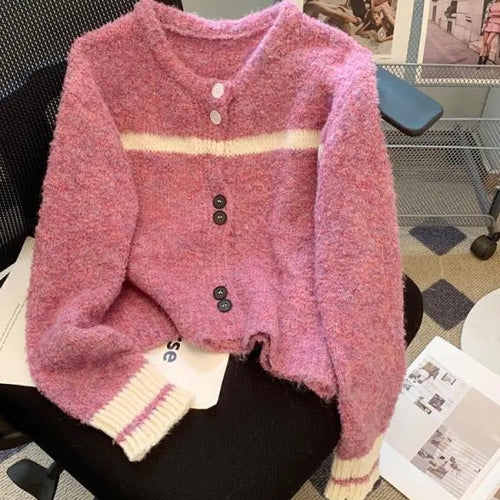 Load image into Gallery viewer, Korean Purple Patchwork Long Sleeved Short Sweater Women's New Green Casual Thick Loose Knit Pullover Top Autumn Winter 2024 Y2k
