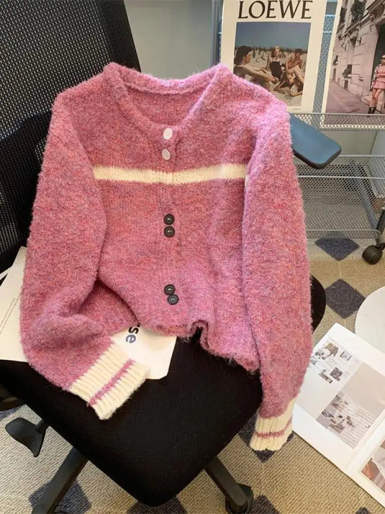 Korean Purple Patchwork Long Sleeved Short Sweater Women's New Green Casual Thick Loose Knit Pullover Top Autumn Winter 2024 Y2k