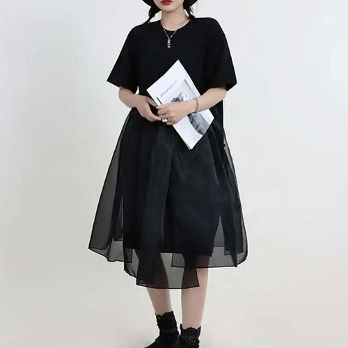 Load image into Gallery viewer, Women Black Organza Big Size Casual Dress New Round Neck Short Sleeve Loose Fit Fashion Tide Spring Summer 2025 1DF5074
