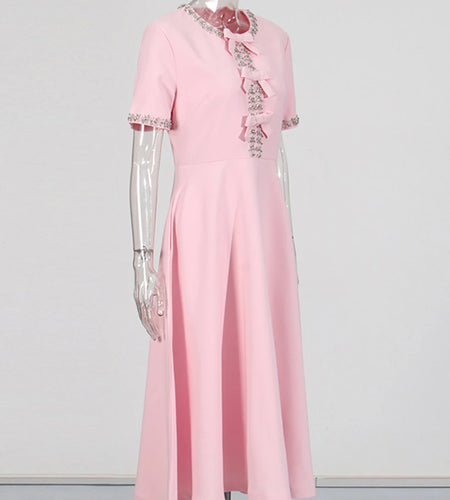 Solid Spliced Diamonds Slimming Dresses For Women O Neck Short Sleeve High Waist Temperament Dress Female Fashion