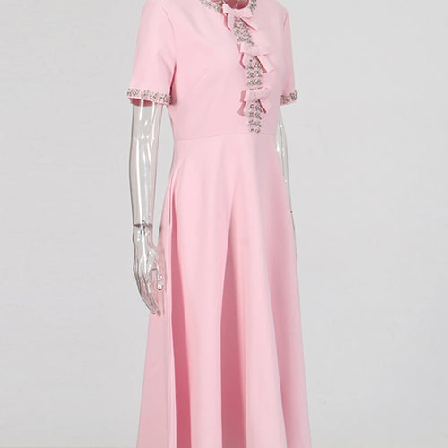 Load image into Gallery viewer, Solid Spliced Diamonds Slimming Dresses For Women O Neck Short Sleeve High Waist Temperament Dress Female Fashion
