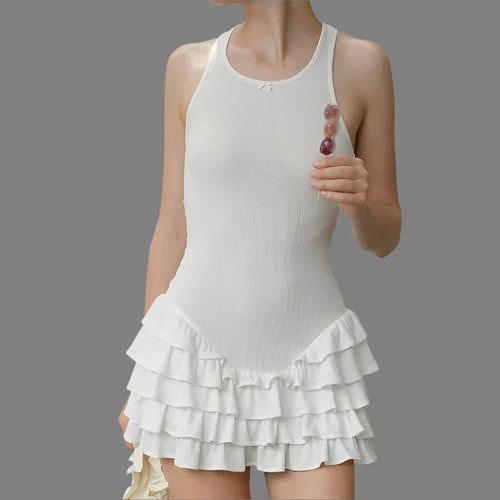 Load image into Gallery viewer, Sleeveless Ruffle Tiered Dress Girly Y2k Cutecore White Ribbed Mini Dresses Summer Clothes Women 2024 P92-CI25
