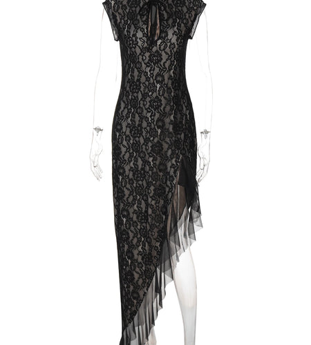 Ruffles Floral Print Turtleneck Sleeveless Patchwork Lace Slim Maxi Dress Irregular Women Outfit Party Club Festival