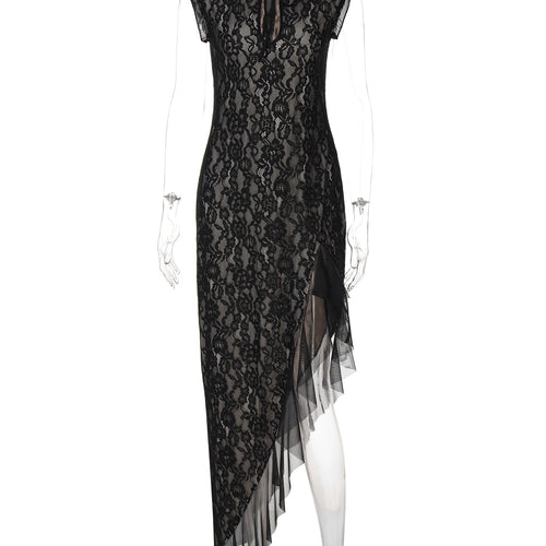 Load image into Gallery viewer, Ruffles Floral Print Turtleneck Sleeveless Patchwork Lace Slim Maxi Dress Irregular Women Outfit Party Club Festival
