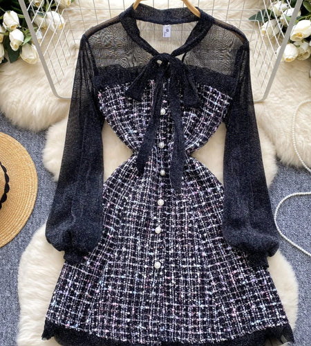 Autumn 2024 New Black Mesh Patchwork Plaid Elegant Long Sleeve Slim Bow Dress Women Gray Temperament Single Breasted Midi Dress