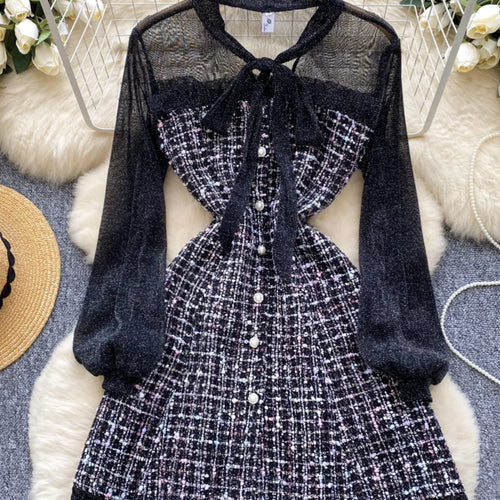 Load image into Gallery viewer, Autumn 2024 New Black Mesh Patchwork Plaid Elegant Long Sleeve Slim Bow Dress Women Gray Temperament Single Breasted Midi Dress
