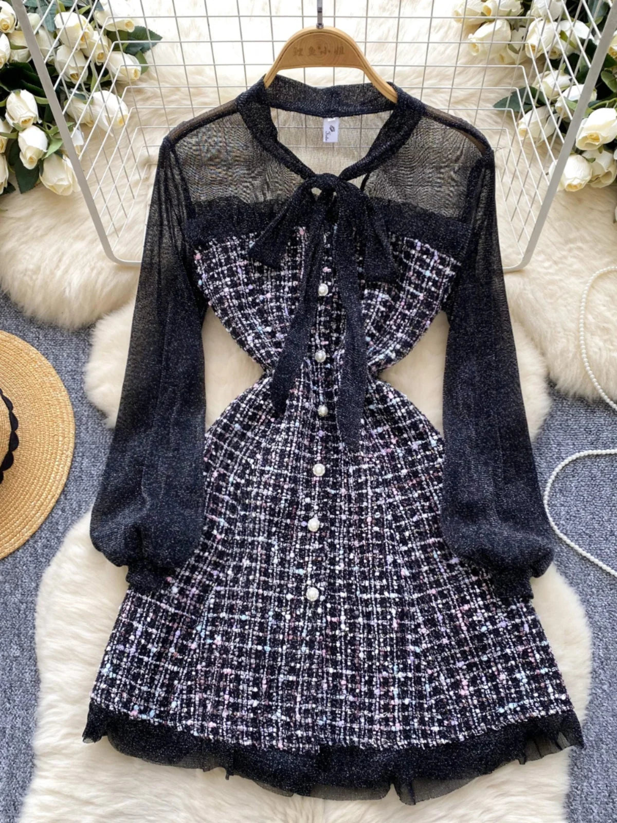 Autumn 2024 New Black Mesh Patchwork Plaid Elegant Long Sleeve Slim Bow Dress Women Gray Temperament Single Breasted Midi Dress