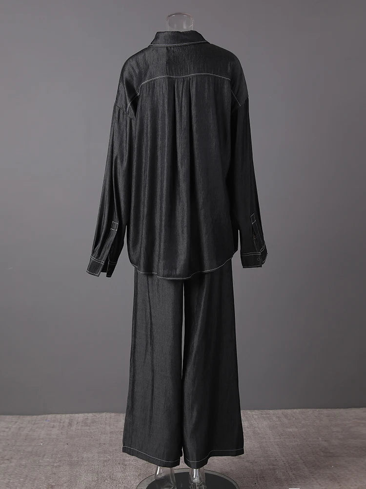 Big Size Gray Shirt Wide Leg Pants Two Piece Suit New Lapel Long Sleeve Women Fashion Tide Spring Autumn 2025 CPG3103