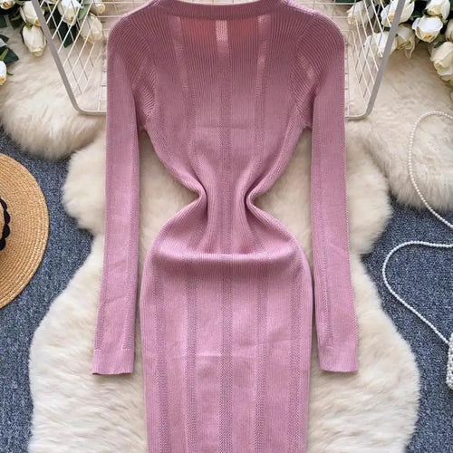 Load image into Gallery viewer, Retro 2024 Autumn Winter New Solid Long Sleeves Mini Dress Women's Elegant Office Lady Button Short Knit Dress Popular Clothing
