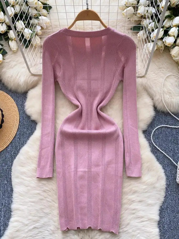 Retro 2024 Autumn Winter New Solid Long Sleeves Mini Dress Women's Elegant Office Lady Button Short Knit Dress Popular Clothing
