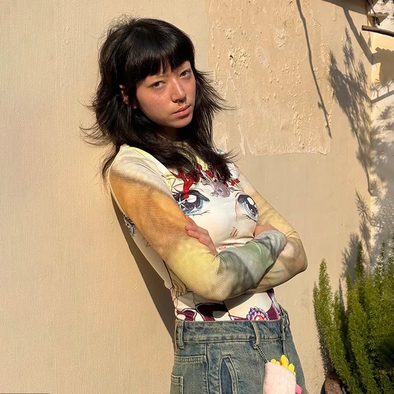 Japanese Y2k Anime Print T-shirt 2000s Aesthetics Long Sleeve Tee Shirt Vintage Harajuku Slim Tops Kawaii Lolita T Shirt