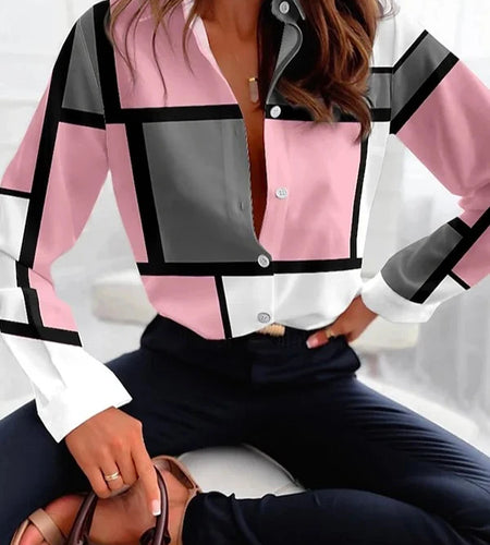 Women's Long Sleeves Plaid Blouses Shirts 2025 Summer Contrast Color Lapel Collar Buttoned Loose Urban Shirts for Woman