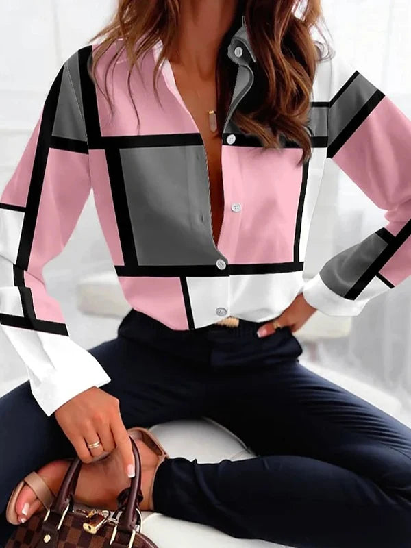 Women's Long Sleeves Plaid Blouses Shirts 2025 Summer Contrast Color Lapel Collar Buttoned Loose Urban Shirts for Woman