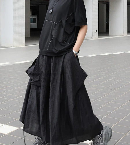 High Elastic Waist Black Pocket Brief Pleated Long Wide Leg Pants New Trousers Women Fashion Tide Spring Autumn 2025