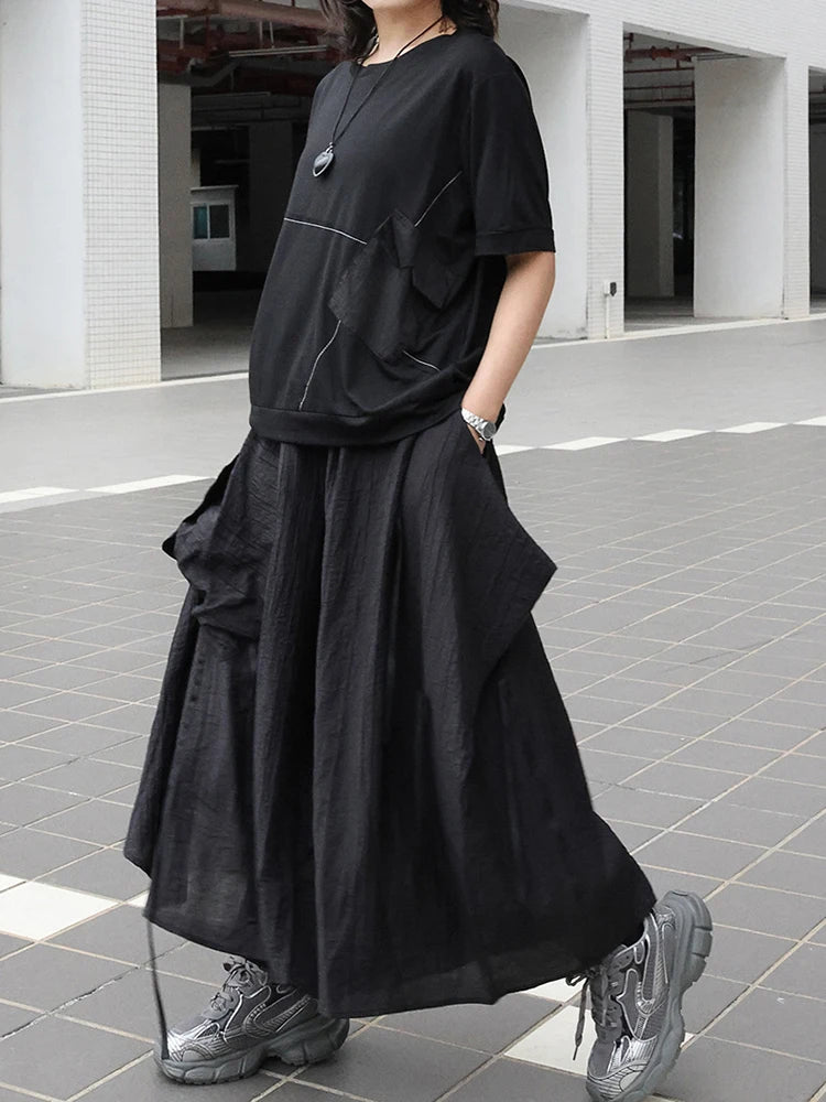High Elastic Waist Black Pocket Brief Pleated Long Wide Leg Pants New Trousers Women Fashion Tide Spring Autumn 2025