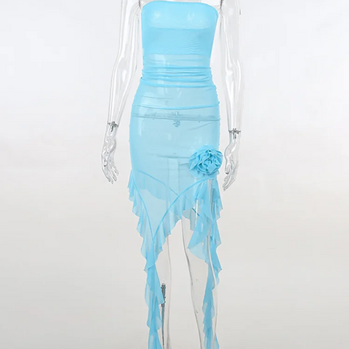 Load image into Gallery viewer, Mesh See Through RUFFLES Flower Strapless Mini Dress Women Patchwork Asymmetrical Elegant Dress Sexy Holiday Partywear
