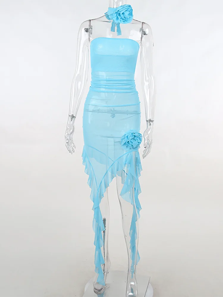 Mesh See Through RUFFLES Flower Strapless Mini Dress Women Patchwork Asymmetrical Elegant Dress Sexy Holiday Partywear