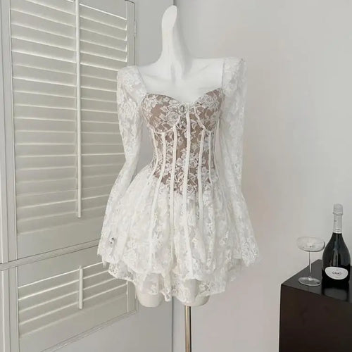 Load image into Gallery viewer, French Vintage Women's White Lace Elegant Backless Pleated Short Dress 2025 Spring Long Sleeves Slim Birthday Party Dress Trendy
