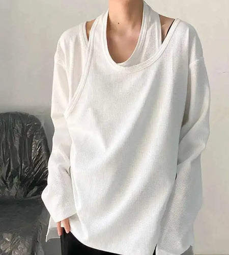 Women White Irregular False Two Big Size Casual T-shirt New Round Neck Long Sleeve Fashion Tide Spring Autumn 2025 1DF8508