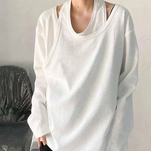 Load image into Gallery viewer, Women White Irregular False Two Big Size Casual T-shirt New Round Neck Long Sleeve Fashion Tide Spring Autumn 2025 1DF8508
