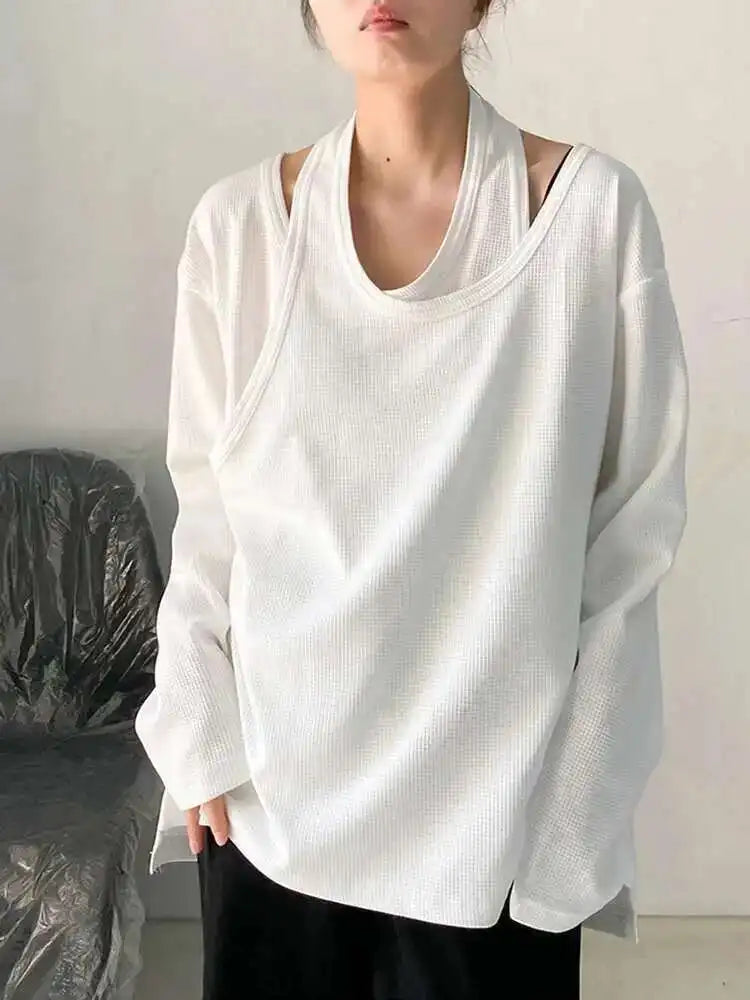 Women White Irregular False Two Big Size Casual T-shirt New Round Neck Long Sleeve Fashion Tide Spring Autumn 2025 1DF8508