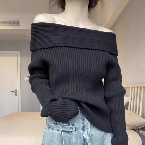 Load image into Gallery viewer, Harajuku Slash Neck Solid Sweaters Grunge Vintage Women Bottoming Pullovers Off Shoulder Y2k Aesthetic Casual Knitted Jumper
