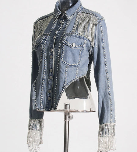 Spliced Tassel Streetwear Denim Jackets For Women Lapel Long Sleeve Patchwork Single Breasted Casual Coat Female