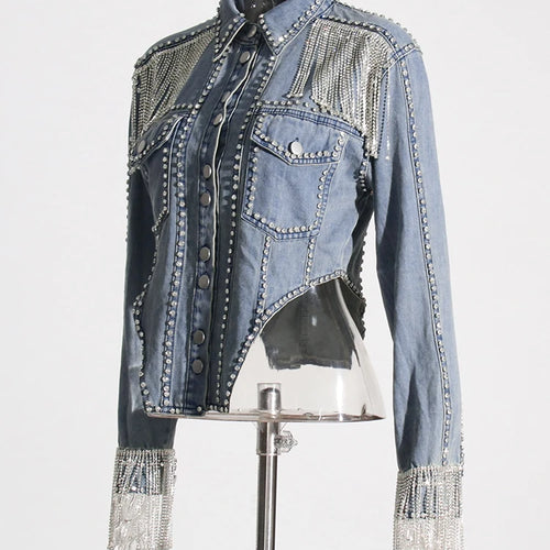Load image into Gallery viewer, Spliced Tassel Streetwear Denim Jackets For Women Lapel Long Sleeve Patchwork Single Breasted Casual Coat Female
