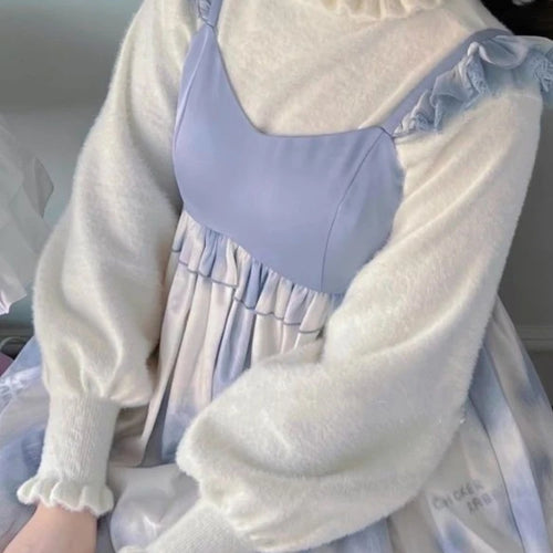 Load image into Gallery viewer, Soft Basic Pullover Women Japanese Ruffle Turtleneck Puff Sleeve Sweater Jk Lolita Inside Jumper  Fairy Sueter Top
