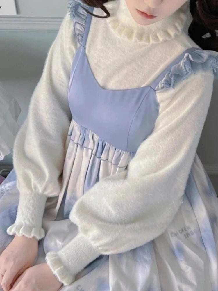 Soft Basic Pullover Women Japanese Ruffle Turtleneck Puff Sleeve Sweater Jk Lolita Inside Jumper  Fairy Sueter Top