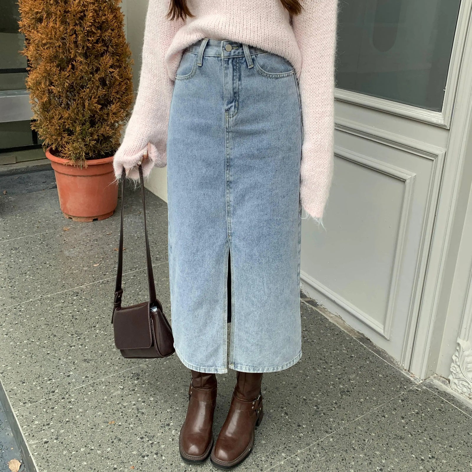 Autumn Winter Retro Black Office Lady Denim Split Skirt 2024 New Blue High Waist Elegant Wrap Hip Long Jean Skirts Women Fashion