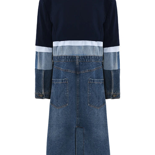 Load image into Gallery viewer, Women Blue Denim Color-block Big Size Trench New Lapel Long Sleeve Windbreaker Fashion Tide Spring Autumn 2025 1DH2825
