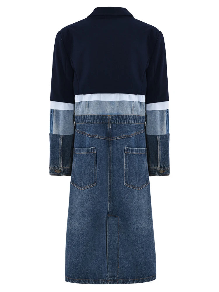 Women Blue Denim Color-block Big Size Trench New Lapel Long Sleeve Windbreaker Fashion Tide Spring Autumn 2025 1DH2825