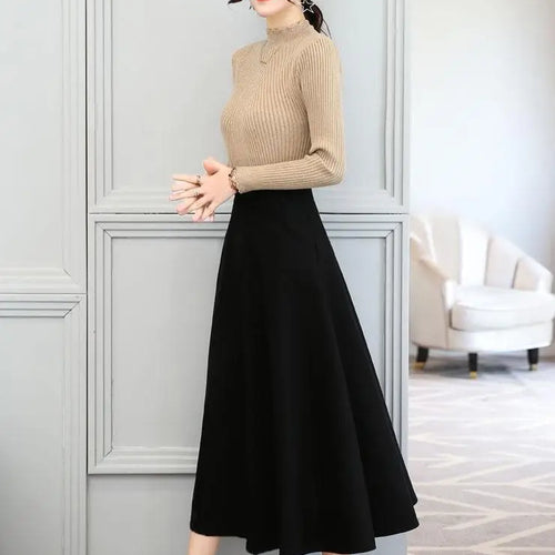Load image into Gallery viewer, Black Elastic High Waist Pocket Long Skirt Women's Spring And Autumn Basic Casual Pleated Plus Size Slim Versatile Red Skirt
