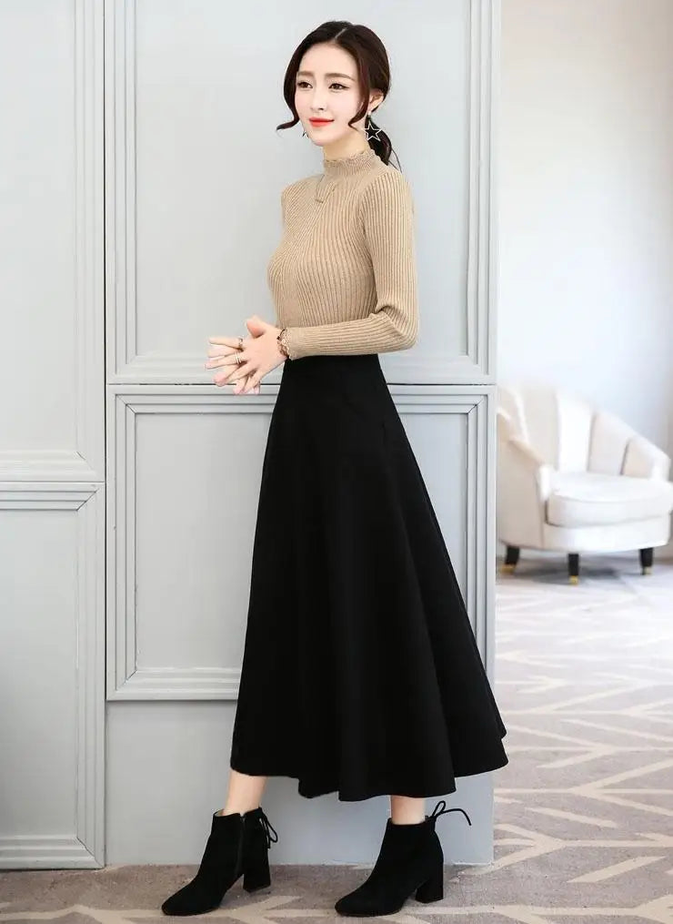 Black Elastic High Waist Pocket Long Skirt Women's Spring And Autumn Basic Casual Pleated Plus Size Slim Versatile Red Skirt
