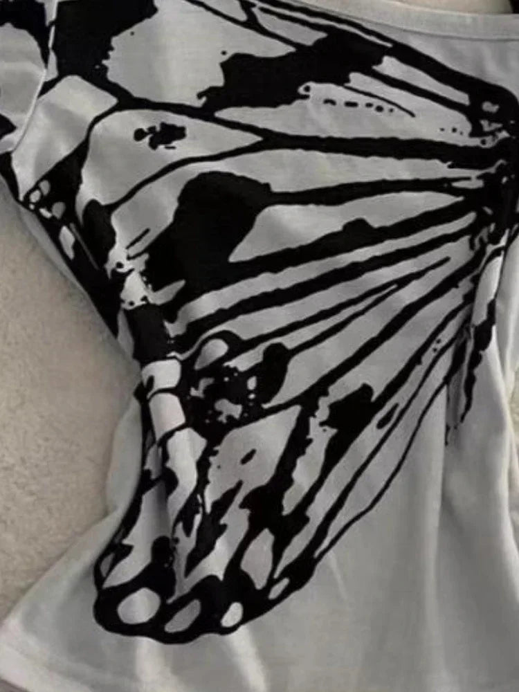 2025 Summer Sexy One Off Shoulder Y2k Aesthetic T-Shirts Streetwear Vintage Gray Printing Slim Tshirts Harajuku Bottoming Tops