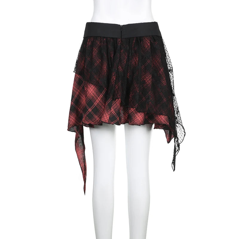 Gothic Dark Lace Patchwork Y2K Plaid Skirt Women Asymmetrical Fold Halloween Harajuku Pleated Skirt Mini Academia