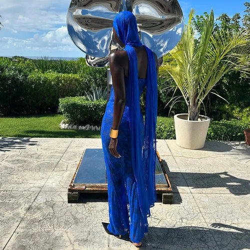 Load image into Gallery viewer, Lace See Through Strapless Sexy Maxi Dress For Women Gown Halter Hollow Out Sleeveless Backless High Split Long Dress
