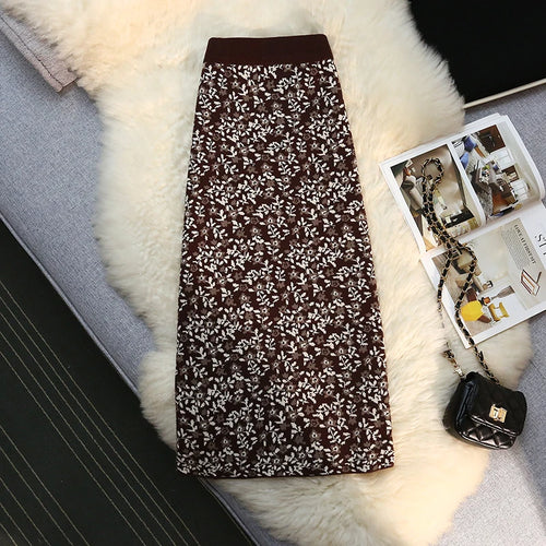 Load image into Gallery viewer, Vintage Elegant High Waist Knitted Midi Skirt Women Winter Spring Autumn Print Skirts Female A-line Ladies Pencil Wrap Skirt
