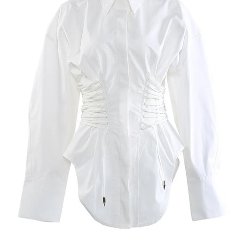 Load image into Gallery viewer, Women White Bandage Pleated Irregular Big Size Blouse New Lapel Long Sleeve Shirt Fashion Tide Spring Autumn 2025 1DJ0341
