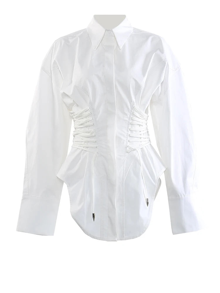 Women White Bandage Pleated Irregular Big Size Blouse New Lapel Long Sleeve Shirt Fashion Tide Spring Autumn 2025 1DJ0341