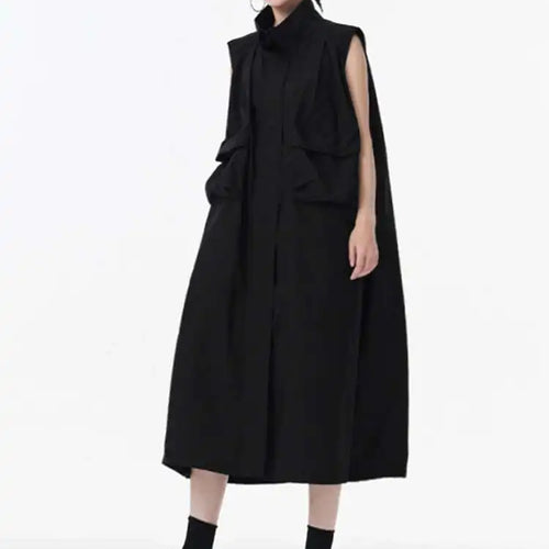 Load image into Gallery viewer, Women Green Pocket Hem Drawstring Big Size Vest Dress New Stand Collar Sleeveless Fashion Tide Spring Autumn 2025 1DJ0147
