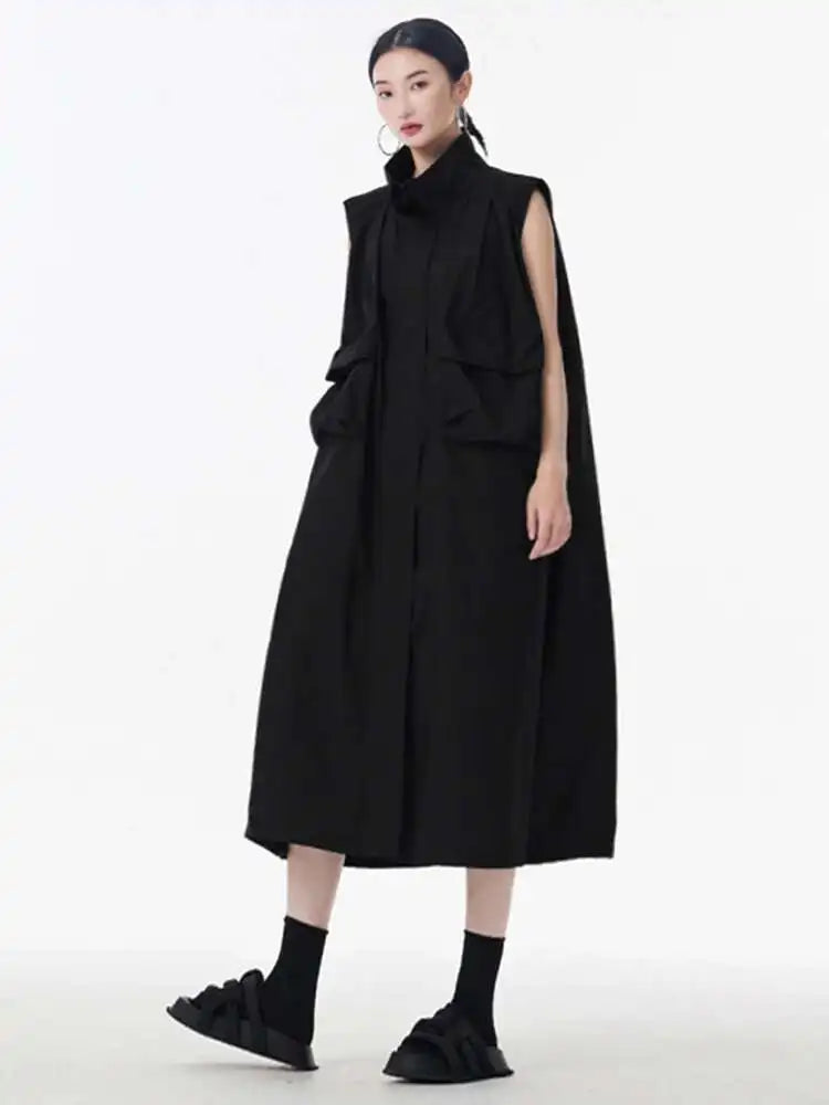 Women Green Pocket Hem Drawstring Big Size Vest Dress New Stand Collar Sleeveless Fashion Tide Spring Autumn 2025 1DJ0147