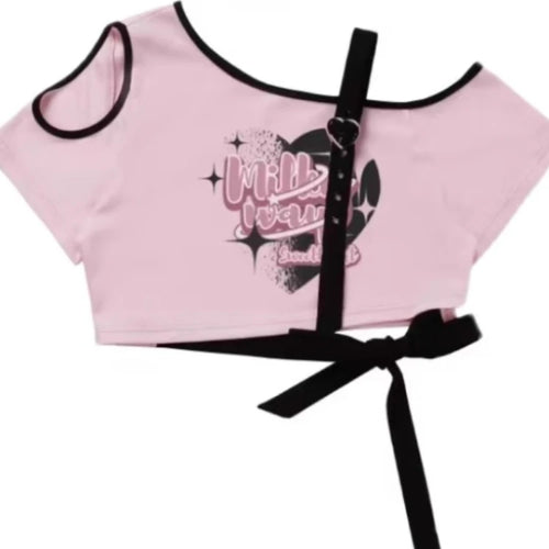 Load image into Gallery viewer, Sweet Cool Y2k Aesthetic Letter Print T-Shirts Irregular Off Shoulder Women Bandage Tshirts Hollow Out Harajuku Slim Cropped Top
