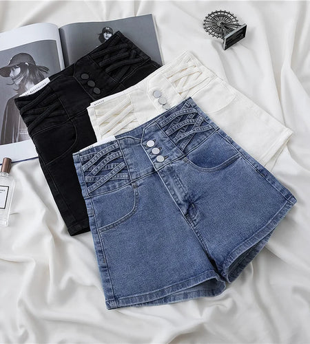 Retro Blue Sexy High Waist Denim Shorts Women Spring Summer 2024 New Korean Fashion Black White Single Breasted Jeans Short Pant