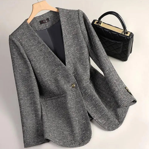 Load image into Gallery viewer, Korean Fashion Women Brown Long Sleeve Slim Woolen Blazer Coat 2024 New Autumn Winter Ladies Grey V Neck Single Button Jacket
